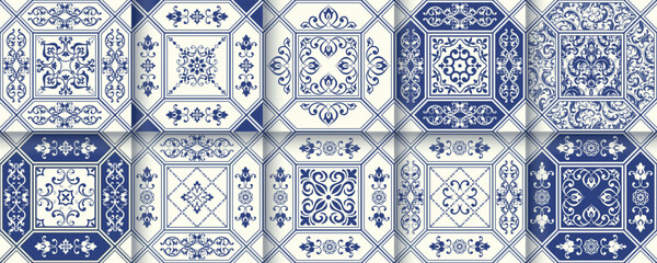 Collection of 10 flower Azulejo tiles. Seamless colorful patterns in azulejo style. Floor tile oriental collection seamless textures. Portugal spanish ceramics. Vector
