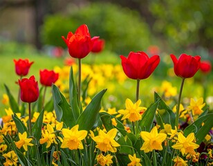 Obraz premium A vibrant springtime garden bursting with colorful flowers; red tulips and yellow daffodils in full bloom, showcasing natural beauty