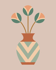 Three stylized flowers in a vase with a chevron pattern isolated on a beige background