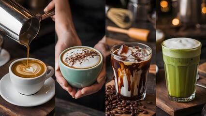 Vibrant collage of four distinct coffee beverages. A latte with art, a cappuccino dusted with cocoa, iced coffee with chocolate drizzle and a matcha latte