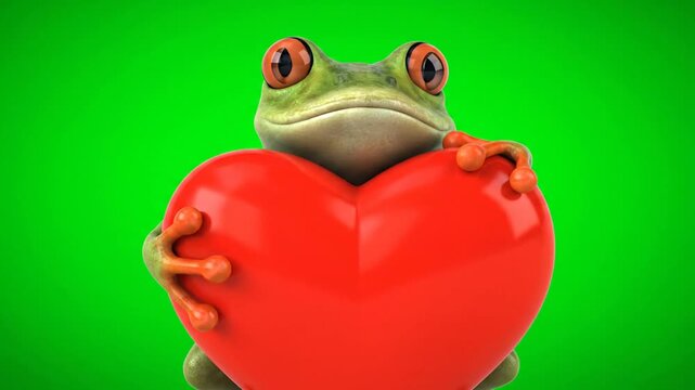 Adorable Green Frog with Red Heart Against Isolated Green Screen Background Perfect for Valentines Day Animal Affection Theme Rendered in 3D Animation Style Ideal for Digital Greeting Cards and Love
