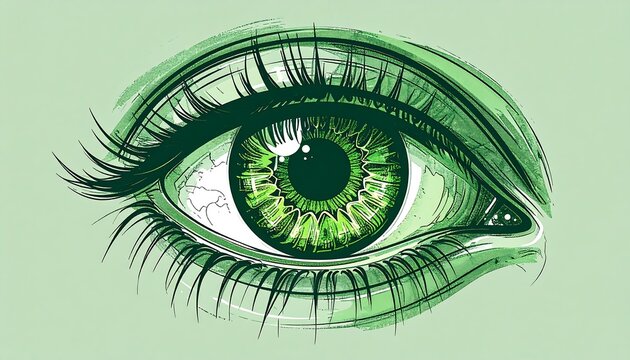 Close-up illustration of a stylized, vibrant green eye with long lashes