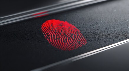 Intriguing high-angle shot showcasing a detailed, glowing red fingerprint on a dark surface, symbolizing digital security. ..Created with Generative AI, not depicting real subjects.