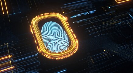 A futuristic digital fingerprint scanner glows with intricate detail, symbolizing advanced security and technological innovation.  ..Created with Generative AI, not depicting real subjects.
