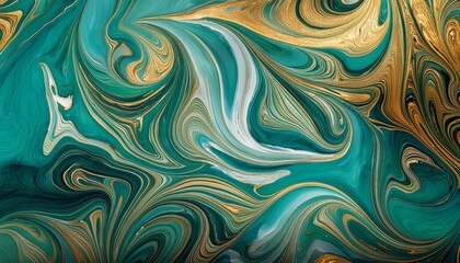 Fototapeta premium Swirling marble background in green, gold, and azure tones with luxurious glossy texture for modern digital art.
