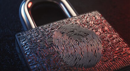 A close-up shot of a sophisticated security padlock, featuring an integrated fingerprint scanner. ..Created with Generative AI, not depicting real subjects.