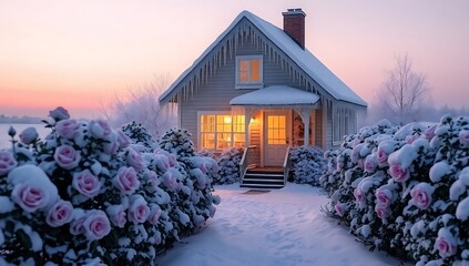 Charming winter home with snow covered roses and warm inviting glow landscape beauty