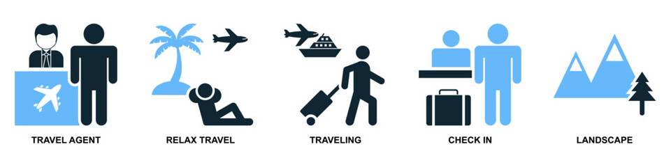 Set travel icon vector. Ideal for tourism, trip planning, and vacation themes. This graphic set is perfect for representing various travel elements for apps, websites, or brochures.	
