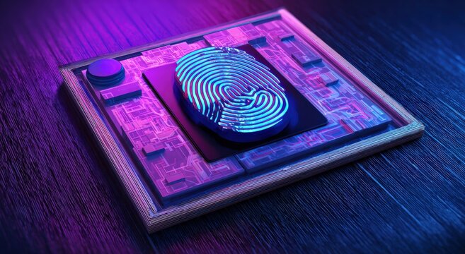 A captivating tech image of a fingerprint on a circuit board, representing the fusion of security and digital advancement. ..Created with Generative AI, not depicting real subjects.