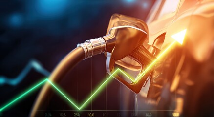 A gas pump nozzle is depicted alongside a rising arrow-shaped line, symbolizing the escalating costs associated with gas prices. ..Created with Generative AI, not depicting real subjects.