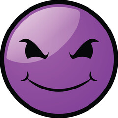 Purple smiley face with an evil grin and mischievous eyes
