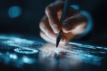 Digital signature Anonymous businessman using stylus on virtual panel for data access Close up view