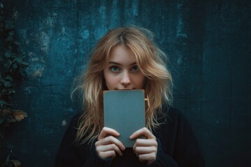 Naklejka premium young blonde female with a blank notebook