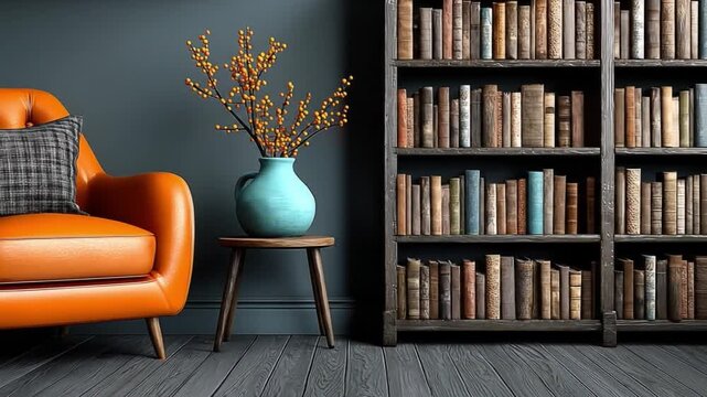 Cozy interior scene orange chair bookshelf and decorative vase