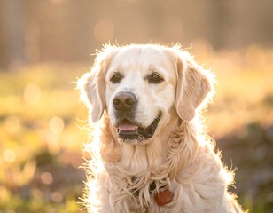 Portrait of a golden-haired canine with a happy, open-mouthed expression in bright light