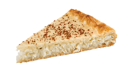 Traditional coconut pie slice with flaky crust and creamy coconut filling isolated on the transparent background