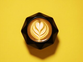 a cup of black coffee with heart-shaped latte art on a bright orange table.