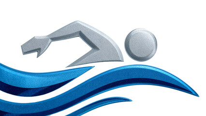 Metallic swimming icon with abstract swimmer and blue waves on the transparent background for sports branding and aquatic themes