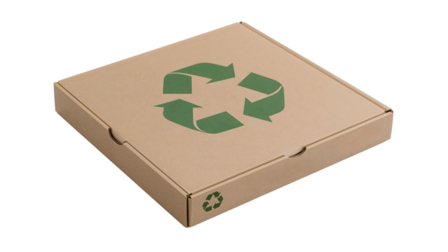 Ecofriendly recyclable cardboard pizza box with green recycling symbol for sustainable packaging and delivery solutions
