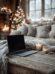 Cozy living room with laptop on rustic wooden table, surrounded by candles and knitted blanket. Soft lighting and decorated Christmas tree create warm, festive atmosphere