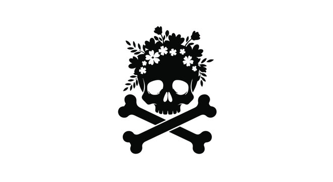 Skull and crossbones adorned with a floral crown, symbolizing life and death duality.