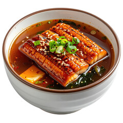 Close-up of Japanese soup featuring grilled eel, vegetables, and sesame seeds