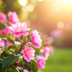 Fototapeta premium Pink flowers bloom in sunlit garden, creating a vibrant floral display