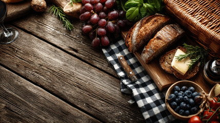 Fototapeta premium Rustic picnic setup with fresh bread, cheese, grapes, and blueberries on wooden table. checkered cloth and wicker basket add to cozy atmosphere, perfect for outdoor meal