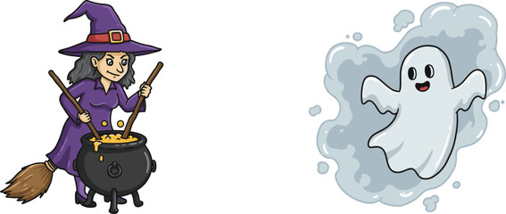 Halloween witch stirring cauldron with broomstick, friendly ghost floating in mist, spooky festive cartoon characters, magical funny Halloween night illustration