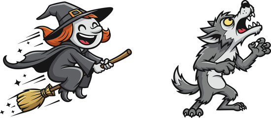 Playful Halloween witch flying on broomstick with sparkles, surprised werewolf character, cartoon spooky night fantasy, whimsical festive illustration