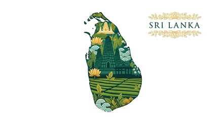 Obraz premium Conceptual travel illustration of Sri Lanka, a map silhouette filled with iconic landmarks like ancient stupas and lush tea plantations
