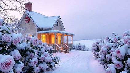 Winter Wonderland Home with Snow Covered Roses and Icicles on a Quiet Evening