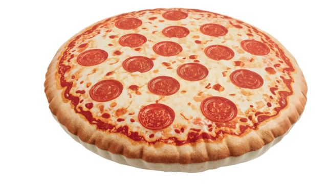 Realistic pepperoni pizza pillow cushion with cheese topping texture isolated on the transparent background for fun home decor and gift ideas