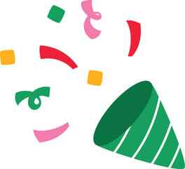 Green Festive Celebration Party Popper with Red, Pink Green and Yellow Confetti, Hand Drawn Confetti Cannon illustration