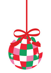 Christmas Disco Ball with Ribbon, Festive Red, Green, Pink and White Disco Ball Hanging with Red Ribbon and Sparkle illustration