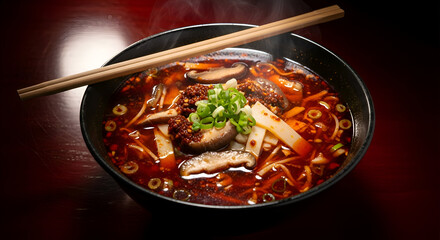 Delicious bowl of asian style ramen soup with chopsticks, ready to eat and enjoy