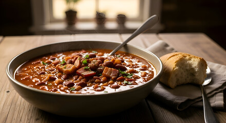 Delicious bowl of chili with bread on a wooden table, perfect for a cozy meal