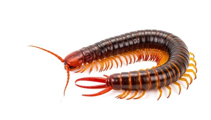 Fototapeta premium A brown and orange insect, centipede, isolated on a white backdrop