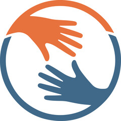 Two hands reaching out to each other in a circle isolated on white background