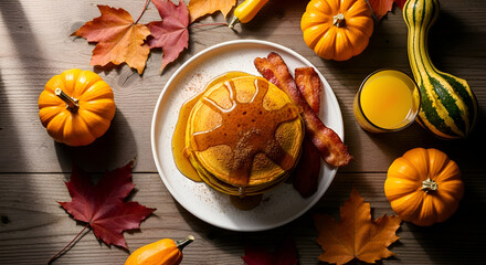 Delicious Autumnal Breakfast: Pancakes, Bacon, and Pumpkins with fall leaves in warm lighting