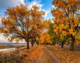Naklejka premium A path lined by colorful trees, autumn foliage, under a vibrant sky