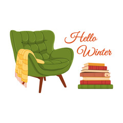 Cozy green armchair with stack of books and warm blanket. Winter home comfort vector illustration, perfect for seasonal design, hygge style, or interior decor projects.
