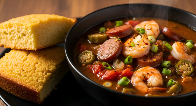 Delicious Bowl of Shrimp Gumbo with Cornbread: A Culinary Delight for Food Lovers