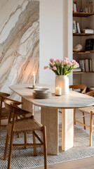 Obraz premium Cozy dining area features wooden table with vase of pink tulips, surrounded by wooden chairs. lit candle adds warmth, while marble accent wall and bookshelf enhance elegant ambiance