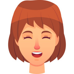 Joyful Young Woman With Short Brown Hair Eyes Closed Smiling Widely Open Mouth and Rosy Cheeks Showing Happiness And Delight In A Stylized Flat Cartoon Illustration Isolated On White