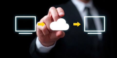 services migration cloud transformation concept with holographic dashboards displaying monitoring recovery feedback inspection networking planning testing processes