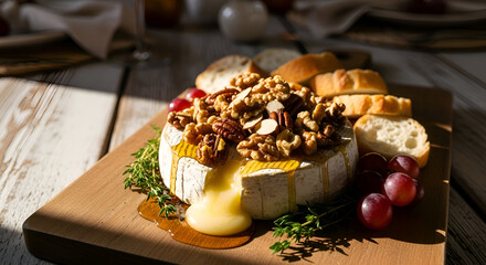 Delicious baked brie cheese topped with nuts and drizzled with honey, served with bread and grapes