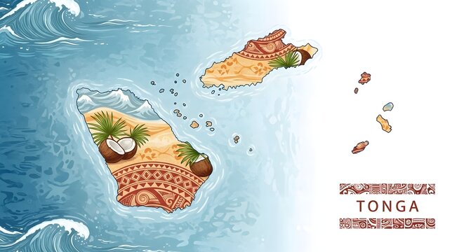 Artistic illustrated map of Tonga featuring Polynesian cultural patterns, tropical islands with coconuts and palm trees surrounded by ocean waves