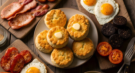 Fototapeta premium Delicious breakfast spread with eggs bacon tomatoes biscuits and blood sausage on a wooden table