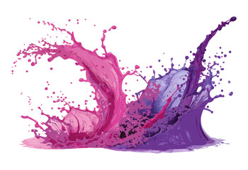 Pink and purple paint splashes merging on white background with scattered droplets forming dynamic wave suitable for modern design templates abstract projects or creative backgrounds